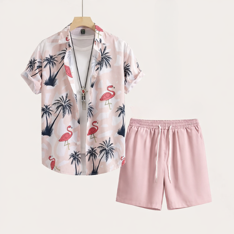 Men’s 2 Piece Summer Outfit – Printed Shirt and Shorts