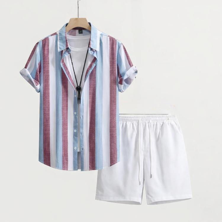 Men’s 2 Piece Summer Outfit – Multi Stripe Shirt and Shorts