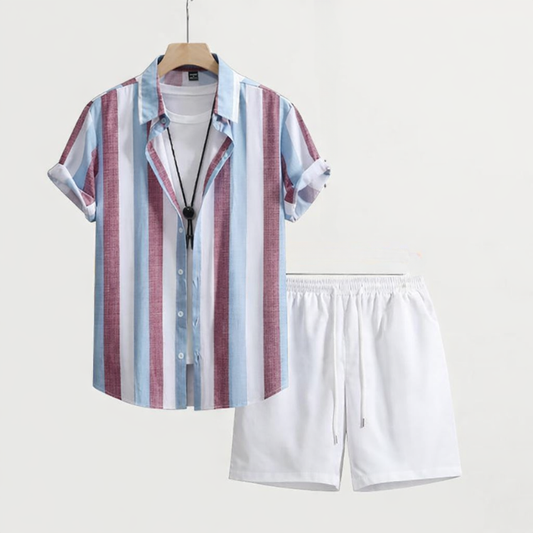 Men’s 2 Piece Summer Outfit – Multi Stripe Shirt and Shorts